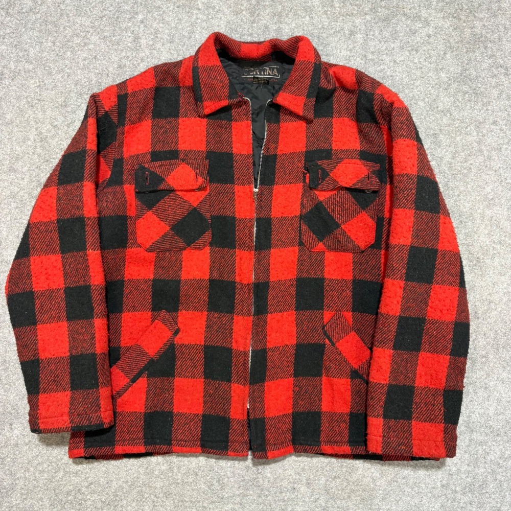 Vintage Cortina Red Black Buffalo Plaid Wool Blend Zip Up Jacket Mens Large